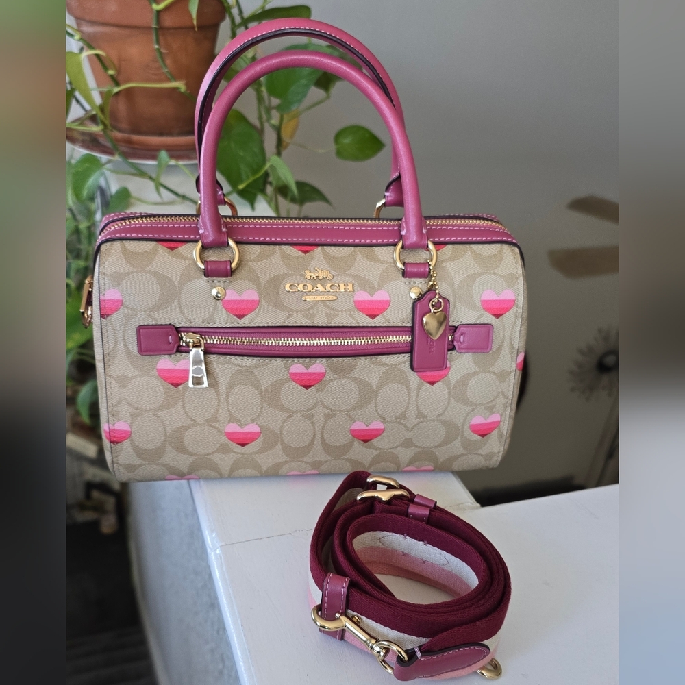Coach Rowan Pink And Tan Heart Satchel/ Crossbody - Picture 3 of 17